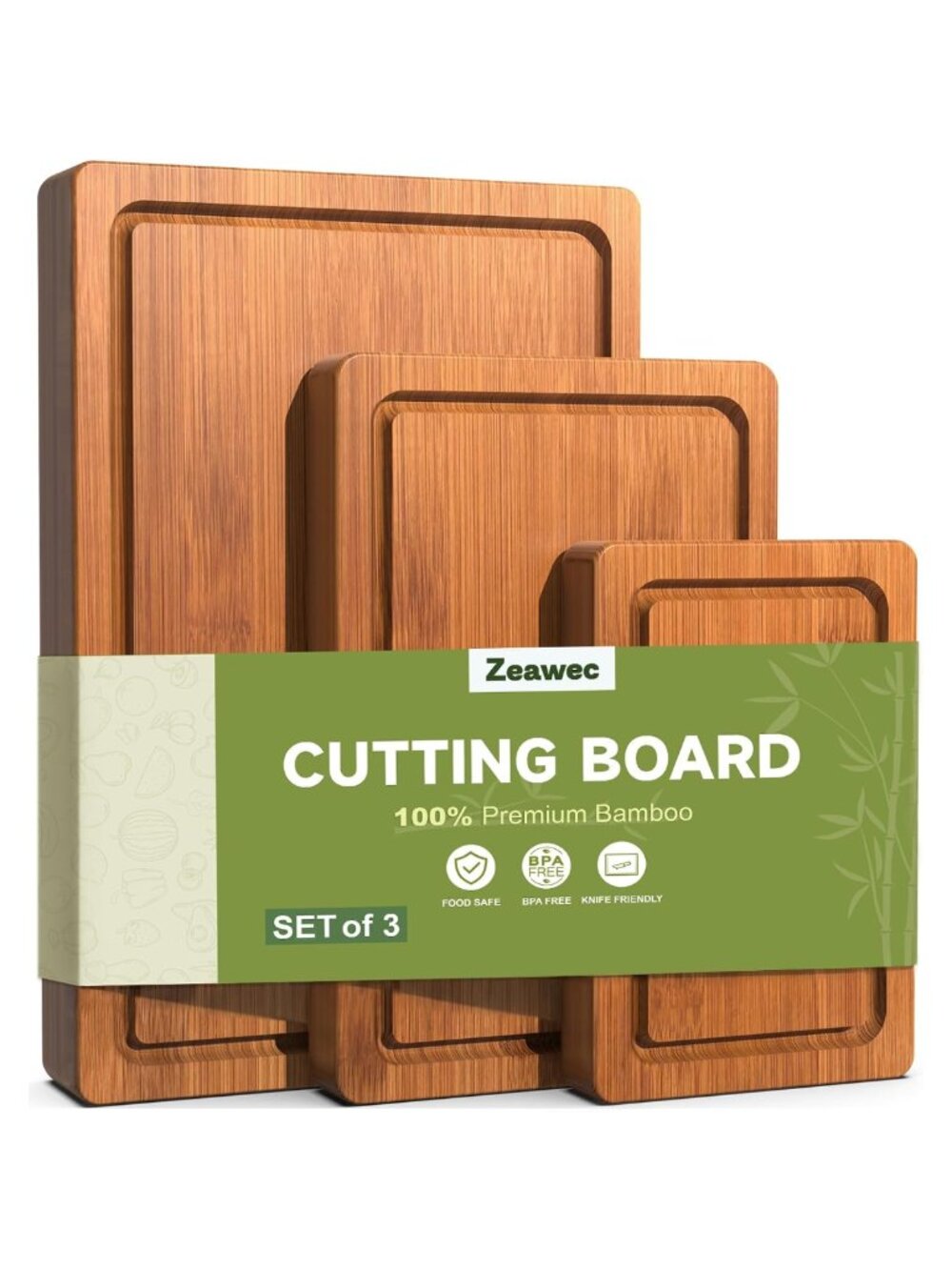 3-Piece Carbonized Bamboo Cutting Board Set Deep Juice Grooves Pre-Oiled